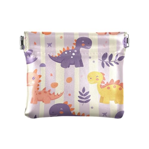 Cartoon Cute Dinosaurs Light Purple Stripes Damen Leder Münzbörse Einzigartiger Kartenhalter für Frauen Mädchen von aidingzhi