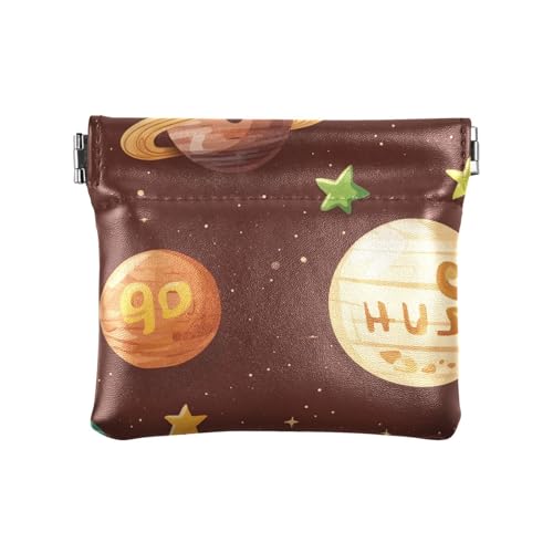 Cartoon Outer Planets and Alphabet Brown Womens Small Leather Coin Purse Unique Change Holder Card Organizer for Women, Cartoon Outer Planets and Alphabet Brown, Dekoration von aidingzhi