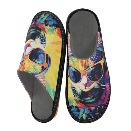 Damen-Hausschuhe, Hausschuhe, Memory-Schaum, Hausschuhe, gemütlich, Bunte DJ-Katze mit Plattenspielern, 37/37.5 EU von aidingzhi