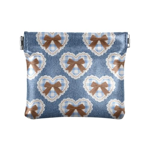 Denim blau-braune Schleife Herz Damen Leder Münzgeldbörse Praktische Mini-Geldbörse Geldbörse für Frauen Jungen Mädchen Denim blau-braune Schleife Herz Damen Leder Münzgeldbörse Praktische Mini-Geldbörse Geldbörse für Frauen Jungen Mädchen von aidingzhi