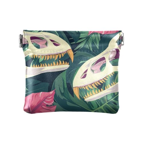 Dinosaurier-Totenkopf grün rosa Monstera-Blätter Frauen Leder Münzgeldbörse wasserdichte Make-up-Tasche Wechselgeldbörse für Frauen von aidingzhi