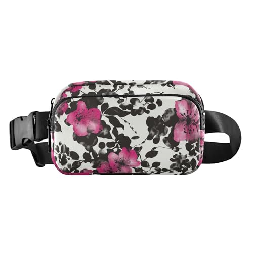 Elegante rote Blumen schwarze stilvolle Umhängetasche Hüfttasche für Damen Herren Teenager Mini Bauchtasche Gürtel mit verstellbarem Gurt für Einkaufen Sport Arbeit von aidingzhi