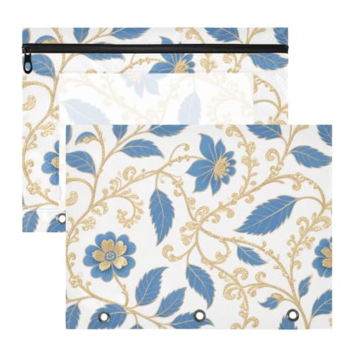 Federmäppchen, 3 Löcher, 3 Ringe, Tasche für A4-Papier, Briefe, 2 Stück, für Lehrer, Schule, Studenten, Lehrerbedarf, blaue und goldene Blumenblätter von aidingzhi