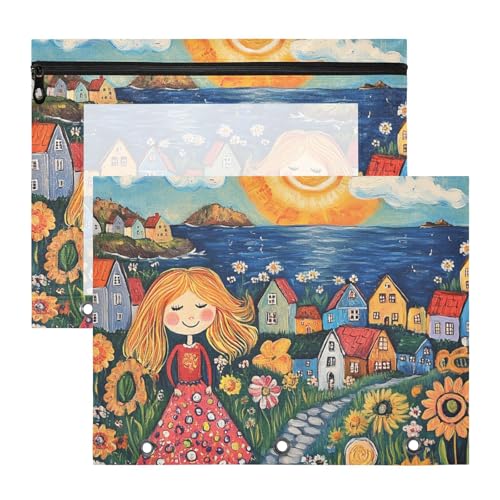 Federmäppchen, tragbar, Kunststoff, für A4-Papier, Briefe, 2 Stück, Studenten, Schulbedarf, Naive Kunstmalerei von glücklicher stilvoller Frau mit Blume, 4 von aidingzhi