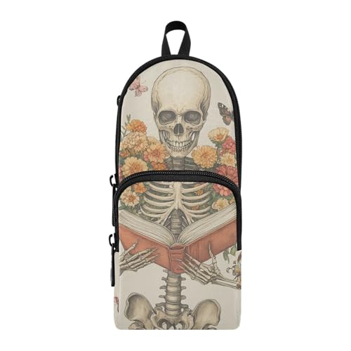 Federmäppchen mit Skelett und Blumen und Schmetterlingen, Nylon, 3 Fächer, für Teenager, großes Fassungsvermögen, Reißverschluss, Netz, Schreibwaren für Schulbedarf von aidingzhi