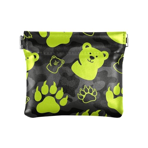 Fluoreszenz Grüner Bär Fußabdruck Schwarz Damen Leder Münzbörse Geldbörse Einzigartiger Kartenhalter für Frauen von aidingzhi