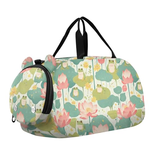 Fresh Spring Süße Frösche Blume Mädchen Gym Seesack mit Schuhfach Multifunktionale Reisetasche für Reisen, Sport, Fitness & Workout, Frischer Frühling, niedliche Frösche, Blume von aidingzhi