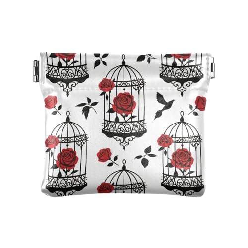 Gothic rote und schwarze Halloween-Rosen-Vogelkäfig, kleine Leder-Münzgeldbörse, ausgefallene Mini-Kosmetiktasche für Damen und Mädchen von aidingzhi