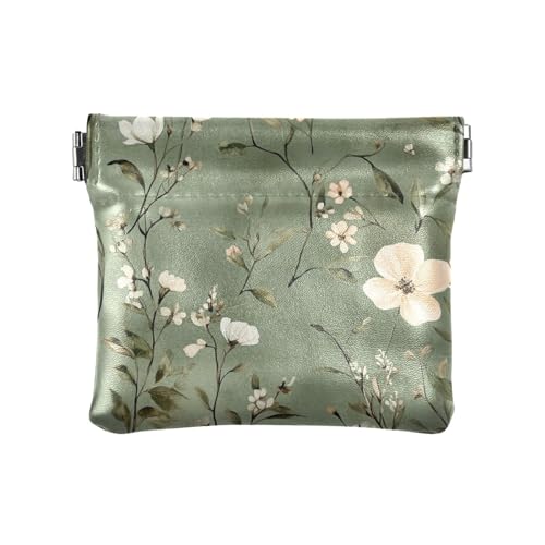 Grüne Retro-Blumen Damen Kleine Leder Münzbörse Wasserdicht Mini Kosmetikkoffer für Frauen Jungen Mädchen, Grüne Retro-Blumen, Dekoration von aidingzhi