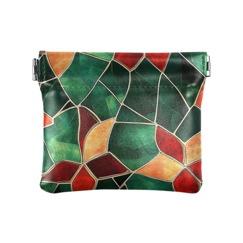 Grünes und rotes geometrisches Muster, Buntglas-Stil, Damen, PU-Leder, Münzgeldbörse, tragbare Tasche, Geldbörse, Make-up-Tasche für Männer und Frauen von aidingzhi