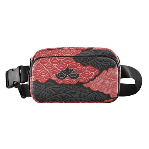 Gürteltasche mit japanischem Zephyr-Kirschblüten-Wellen, modische Gürteltasche für Herren und Damen, Mini-Umhängetasche mit verstellbarem Riemen, für Radfahren, Wandern, Fitnessstudio, Rot / Schwarz von aidingzhi