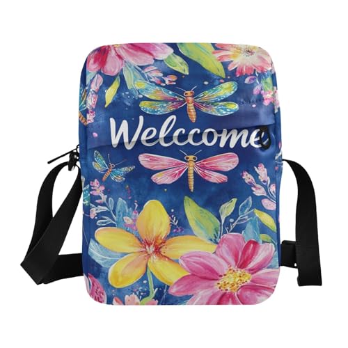 Kleine Kuriertasche für Herren, Motiv: Lebendige Blume, Libelle, Umhängetasche, verstellbarer Riemen, für Business und Business von aidingzhi