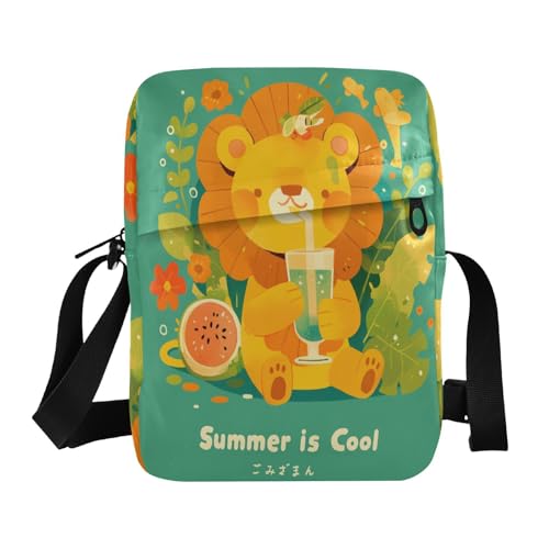 Kleine Kuriertasche für Herren, Motiv: Sommerlöwe, niedlich, grün, Crossbody-Tasche, verstellbarer Riemen für Schule, Reisen von aidingzhi