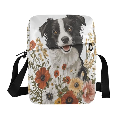 Kleine Kuriertasche mit niedlichem Hundegesicht und Blumen, für Herren, Crossbody-Tasche, verstellbarer Riemen, für Schule, Business von aidingzhi