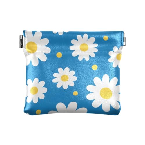 Kleingeldbörse für Damen, Leder, mit Gänseblümchen, niedlicher Kleingeldhalter, Kartenorganizer für Männer und Frauen, Blau und Weiß von aidingzhi