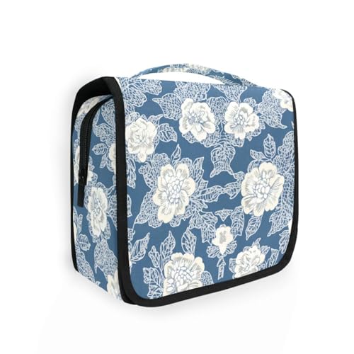 Kosmetiktasche mit Blumenmuster, mit Haken zum Aufhängen, stilvolle Kosmetiktasche für Damen, Reisegröße, Blau und Weiß von aidingzhi