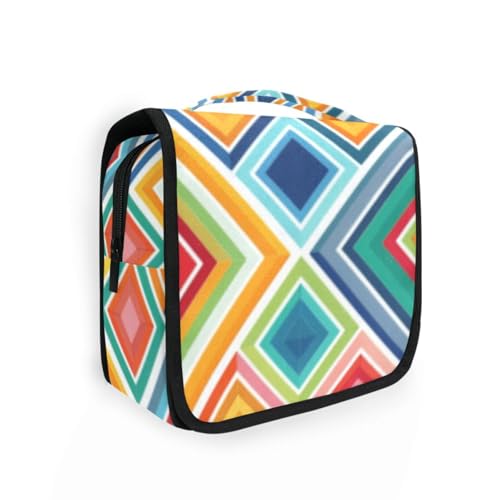 Kosmetiktasche mit geometrischem buntem Karomuster, mit Haken zum Aufhängen, tragbare Reisetasche für Damen, mit Fächern und Griff von aidingzhi