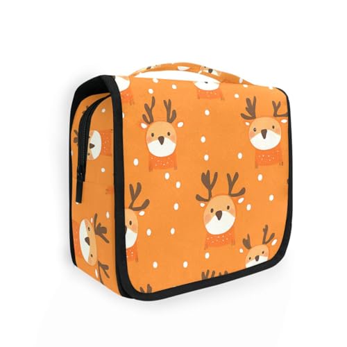Kosmetiktasche mit niedlichem Cartoon-Motiv, orangefarbener Weihnachts-Hirsch, mit Aufhängehaken, Essentials, Reisetaschen für Damen, vertikal, freistehend von aidingzhi