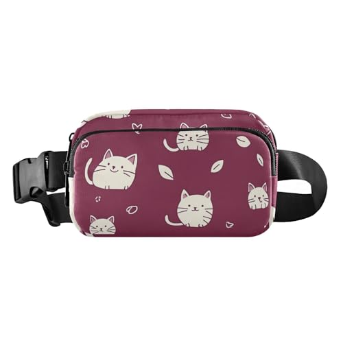 Kritzelei-Stil Katze Burgunderrot trendige Bauchtasche Hüfttasche für Damen Herren Teenager Kleine Crossbody Umhängetasche mit verstellbarem Gurt für Reisen Einkaufen Laufen von aidingzhi