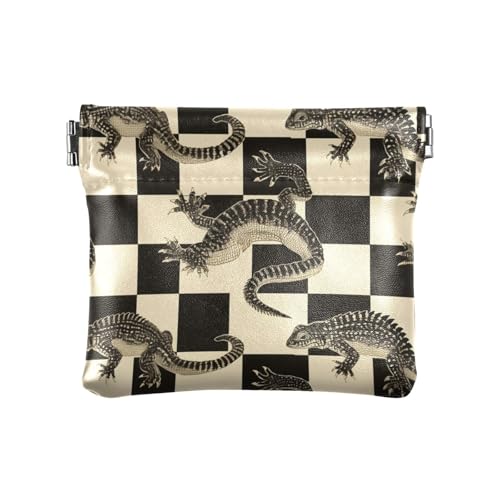 Krokodile Schwarz Beige Kariert Kleine Leder Münzbörse Einzigartige Make-up Periode Tasche für Frauen Mädchen, Krokodile, schwarz / beige kariert, Dekoration von aidingzhi