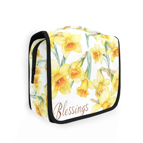 Kulturbeutel im Vintage-Stil, gelbe Blumen, Frühling, mit Haken zum Aufhängen, wasserdicht, Make-up-Tasche für Damen, mit Fächern und Griff von aidingzhi