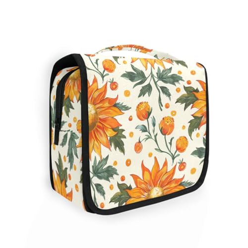 Kulturbeutel mit Aufhängehaken, Motiv: Cartoon-Sonnenblume, Mandarine, cremefarben, stilvolle Kosmetiktasche für Damen, mit Fächern und Griff von aidingzhi