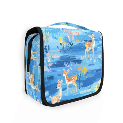 Kulturbeutel mit niedlichem Hirsch und blauen Blumen und Haken zum Aufhängen, stilvolle Kosmetiktasche für Damen, mit Fächern und Griff von aidingzhi