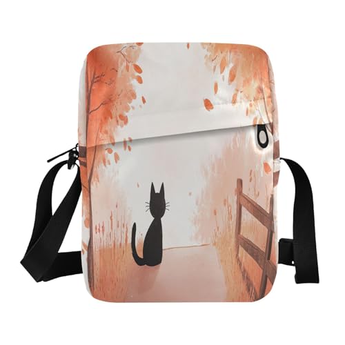 Kuriertasche für Damen, Motiv: Herbstszene, schwarze Katze, kleine Crossbody-Tasche für Damen, Umhängetasche, verstellbarer Riemen, für Outdoor-Sport, Reisen von aidingzhi
