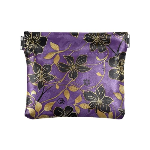 Lila Hintergrund mit goldenen Blumen gekreuzt mit schwarzen Blumen PU-Leder kleine Münzbörse tragbare persönliche Gegenstände Organizer für Mädchen Damen Handtasche, Lila Hintergrund mit goldenen von aidingzhi