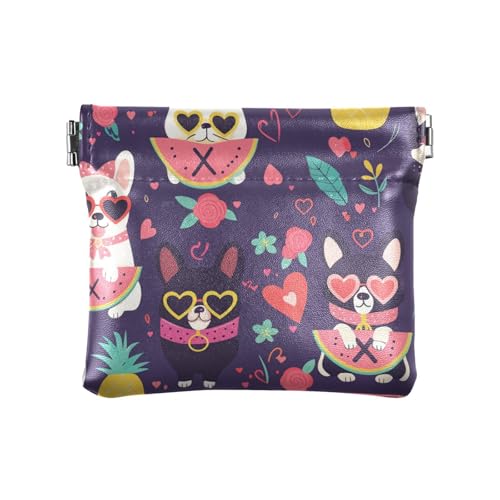 Lila süße Hunde Sommer Früchte PU-Leder kleine Münze einzigartige Tasche Geldbörse Make-up Tasche für Männer Frauen Reisen, Lila süße Hunde Sommerfrüchte, Dekoration von aidingzhi