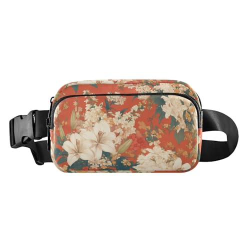 Lily Flowers Gürteltasche mit orangefarbenem Hintergrund, japanischer Holzblockdruck, niedliche Bauchtasche für Damen und Herren, wasserdichte Umhängetasche mit verstellbarem Riemen für Radfahren Lily Flowers Gürteltasche mit orangefarbenem Hintergrund, japanischer Holzblockdruck, niedliche Bauchtasche für Damen und Herren, wasserdichte Umhängetasche mit verstellbarem Riemen für Radfahren von aidingzhi