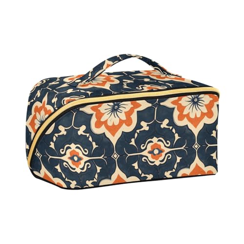 Make-up-Tasche im chinesischen Dunhuang-Stil, marineblau und orange, mit Trennwänden, wasserdichte Kosmetiktasche für Damen, vertikal, freistehend, Marineblau und Orange von aidingzhi