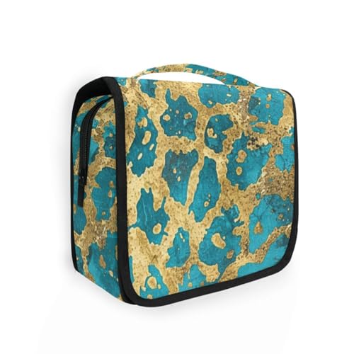 Make-up-Tasche mit Leopardenmuster, mit Haken zum Aufhängen, Reißverschluss, Make-up-Tasche für Damen, mit Fächern und Griff, Goldblau von aidingzhi