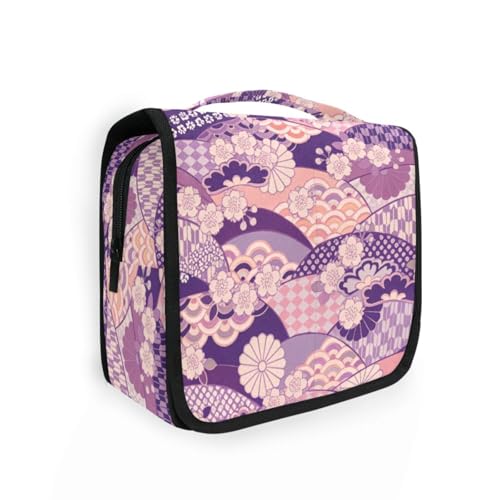 Make-up-Tasche mit japanischem Zephyr-Kirschblüten-Design, mit Haken zum Aufhängen, für Damen, mit Fächern und Griff, Violett von aidingzhi