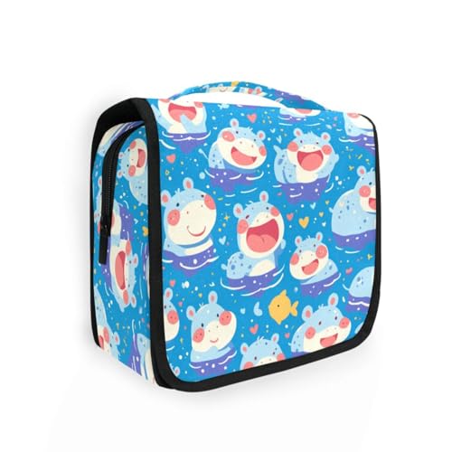 Make-up-Tasche mit niedlichem Cartoon-Nilpferd, leicht, Reisetasche, für Damen, mit Fächern und Griff, Blau von aidingzhi