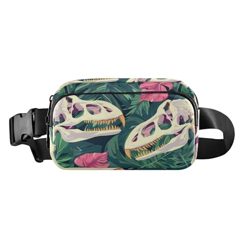 Mini-Bauchtasche mit Dinosaurier-Totenkopf-Motiv, Grün / Rosa, Monstera-Blätter, niedliche Gürteltasche für Damen, Herren, Teenager, mit verstellbarem Riemen, für Radfahren, Wandern, Fitnessstudio von aidingzhi