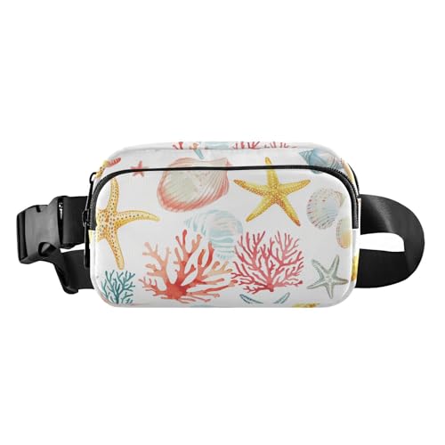 Modische Gürteltasche für Damen, Herren, Teenager, wasserabweisend, mit verstellbarem Riemen, für Reisen, Einkaufen, Laufen, Koralle, Seestern, Muscheln, Tiere, weich, Grün, Blau, Weiß, modisch von aidingzhi