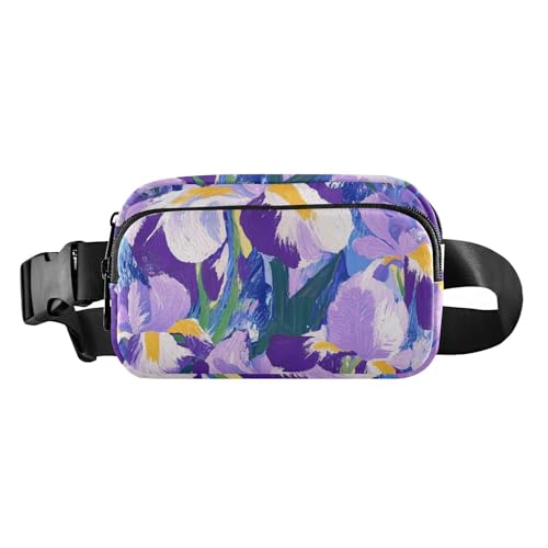 Modische Hüfttasche für Damen und Herren, Motiv: Irisblumen, Ölgemälde, Mini-Umhängetasche mit verstellbarem Gurt, für Reisen, Laufen, Wandern, Violett und Weiß von aidingzhi