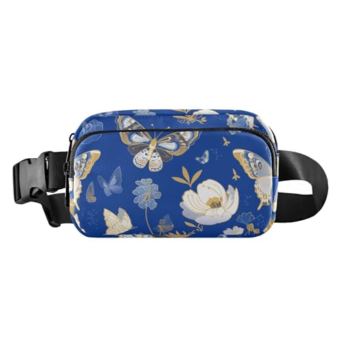 Modische Umhängetasche für Damen und Herren, Motiv: Schmetterling und Blumen, kleine Schultertasche, Reisezubehör mit verstellbarem Gurt, für Reisen, Einkaufen, Laufen, Blau und Weiß von aidingzhi