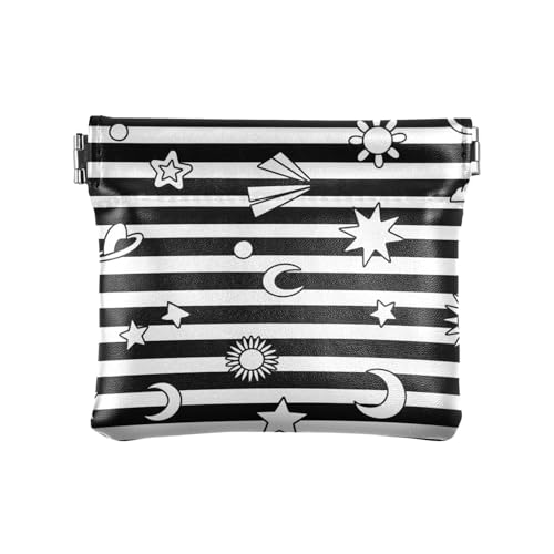 Münzgeldbörse aus Leder, Motiv: Sonne, Mond, Stern, klein, Schwarz / Weiß gestreift, einzigartige persönliche Gegenstände von aidingzhi