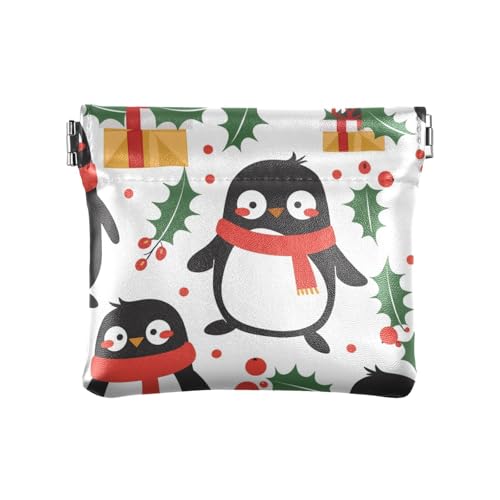 Münzgeldbörsen aus Leder mit Weihnachts-Pinguin-Muster, einzigartige Make-up-Tasche, Wechselgeldbörse für Männer und Frauen, Weihnachts-Pinguin-Muster Stechpalme, Dekoration von aidingzhi