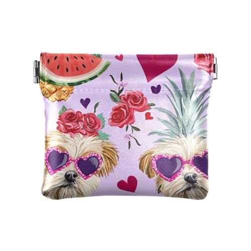 Pfirsich Valentinstag Puppy Love Damen Leder Münzgeldbörse tragbar persönliche Gegenstände Organizer für Frauen Mädchen, Pfirsich Valentinstag Welpen Liebe, Dekoration von aidingzhi