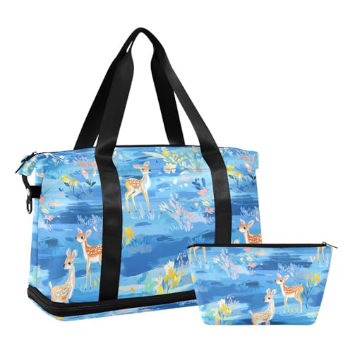 Reise-Handgepäck, Workout, Turnbeutel, 2 Stück usw, Niedliche Hirschblüten mit blauem Himmel von aidingzhi