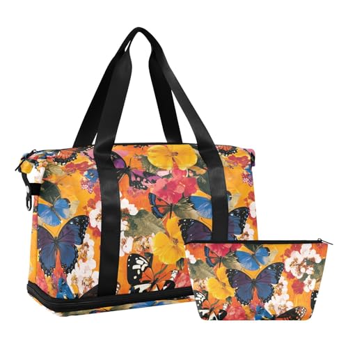 Reisetasche Weekender Overnight Große Turnbeutel mit verstellbarer Falle zum Wandern, faltbar, Schmetterlinge und Blumen, lebendige Farben von aidingzhi