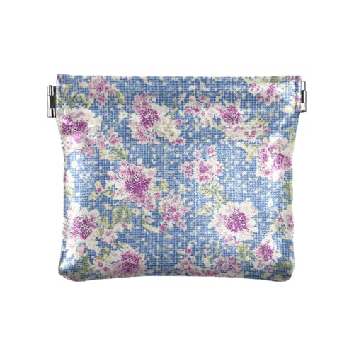 Retro Roses Blue Plaid Damen Leder Münzgeldbörsen Beutel Einzigartige Mini-Make-up-Tasche für Frauen Mädchen von aidingzhi