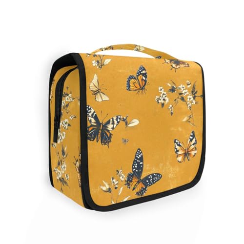 Retro Salbei Gold Kleine Blumen Schmetterlinge Reisetasche mit Haken zum Aufhängen, tragbare Kosmetiktasche für Damen, Reisegröße, Zubehör Retro Salbei Gold Kleine Blumen Schmetterlinge Reisetasche mit Haken zum Aufhängen, tragbare Kosmetiktasche für Damen, Reisegröße, Zubehör von aidingzhi