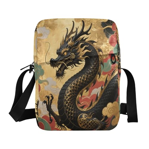 Schwarze und goldene Drachen-Herren-Umhängetasche, Umhängetasche, Umhängetasche, Umhängetasche, verstellbarer Riemen für Freizeitarbeit von aidingzhi
