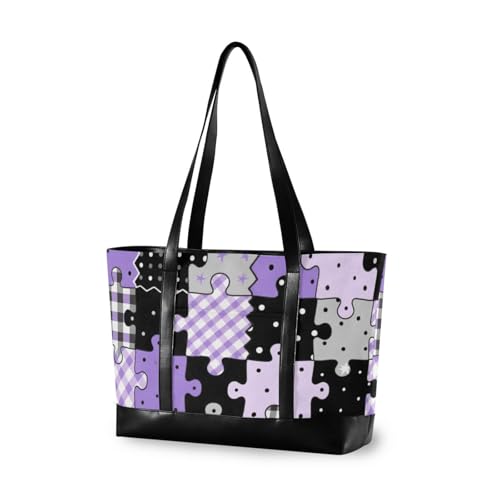 Schwarze und violette kreative Laptoptasche mit Puzzle-Karomuster, tragbare Laptoptasche für Herren, mit Reißverschluss, Tragetasche für die Arbeit mit Mittagessen von aidingzhi