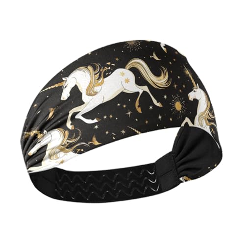 Schwarze und weiße Einhörner, goldenes Design, rutschfeste Sommer-Stirnbänder für Damen, dehnbare Schweißbänder für Damen, zum Wandern, Wandern, Tennis, Radfahren von aidingzhi