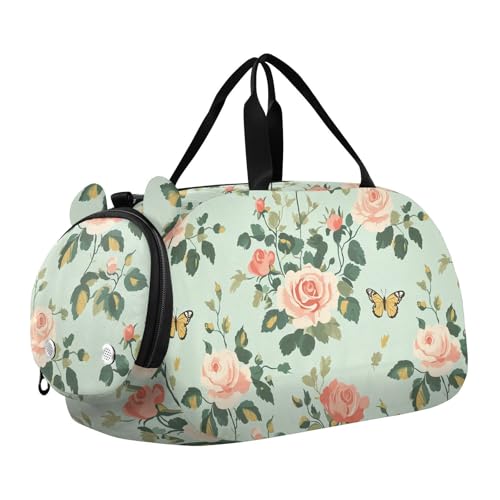 Spring Pastell Green Peach Flowers Kids Cute Gym Bag with Shoes Compartment Multifunctional Overnight Bag for Travel, Sports, Fitness & Workout, Frühlings-Pastellgrün, Pfirsichblumen von aidingzhi